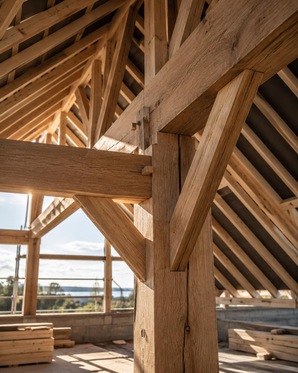 Präzise gefügter Dachstuhl aus Holz